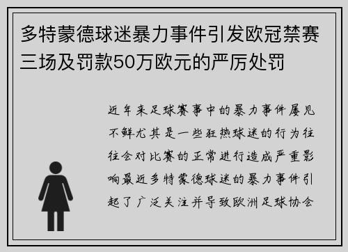 多特蒙德球迷暴力事件引发欧冠禁赛三场及罚款50万欧元的严厉处罚